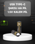 USB Type-C Girişli Şarjlı AA Lityum Pil | 1.5V Sabit Çıkış | 3200mWh (2&apos;li Paket)
