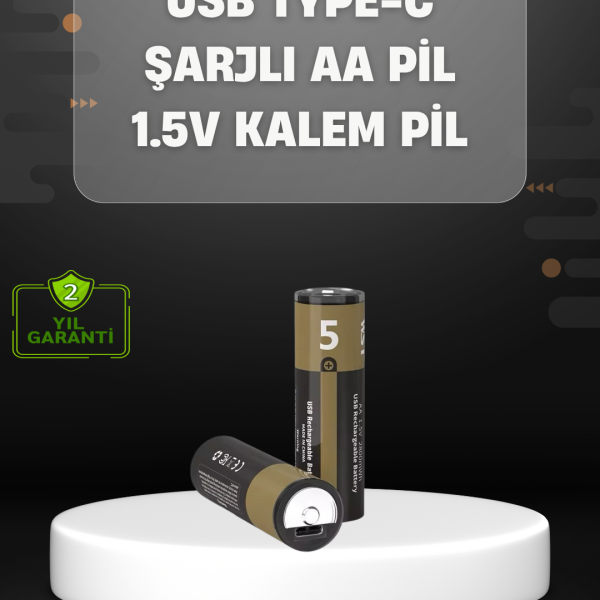 USB Type-C Girişli Şarjlı AA Lityum Pil | 1.5V Sabit Çıkış | 3200mWh (2&apos;li Paket)