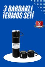 Termos Seti 3&apos;lü Bardak Seti Isı Dayanıklı Siyah Paslanmaz Çelik Vakumlu