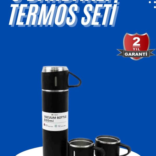 Termos Seti 3&apos;lü Bardak Seti Isı Dayanıklı Siyah Paslanmaz Çelik Vakumlu