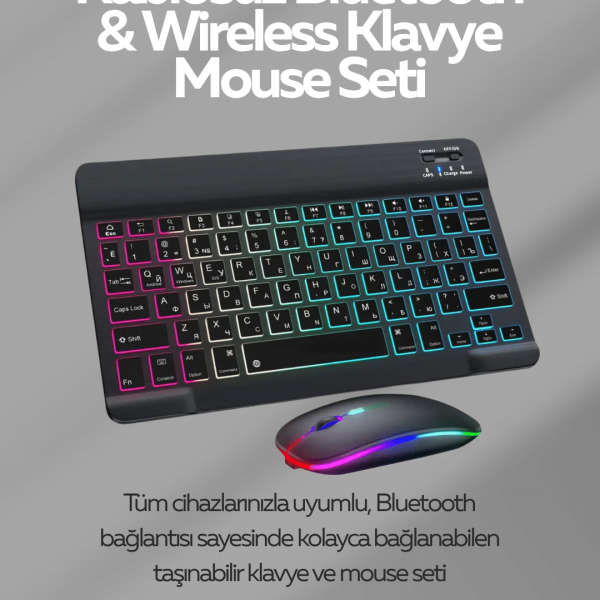 Tüm Cihazlarla Uyumlu RGB Işıklı Kablosuz Klavye ve Mouse Seti