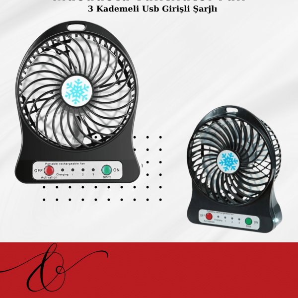 USB Girişli Taşınabilir Masaüstü Mini Fan – 3 Kademeli Hız, Şarjlı, Işıklı, Sessiz Çalışma