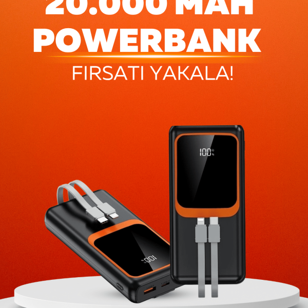 20.000 mAh Powerbank – 22.5W Hızlı Şarj, Çok Kablolu, Dijital Göstergeli