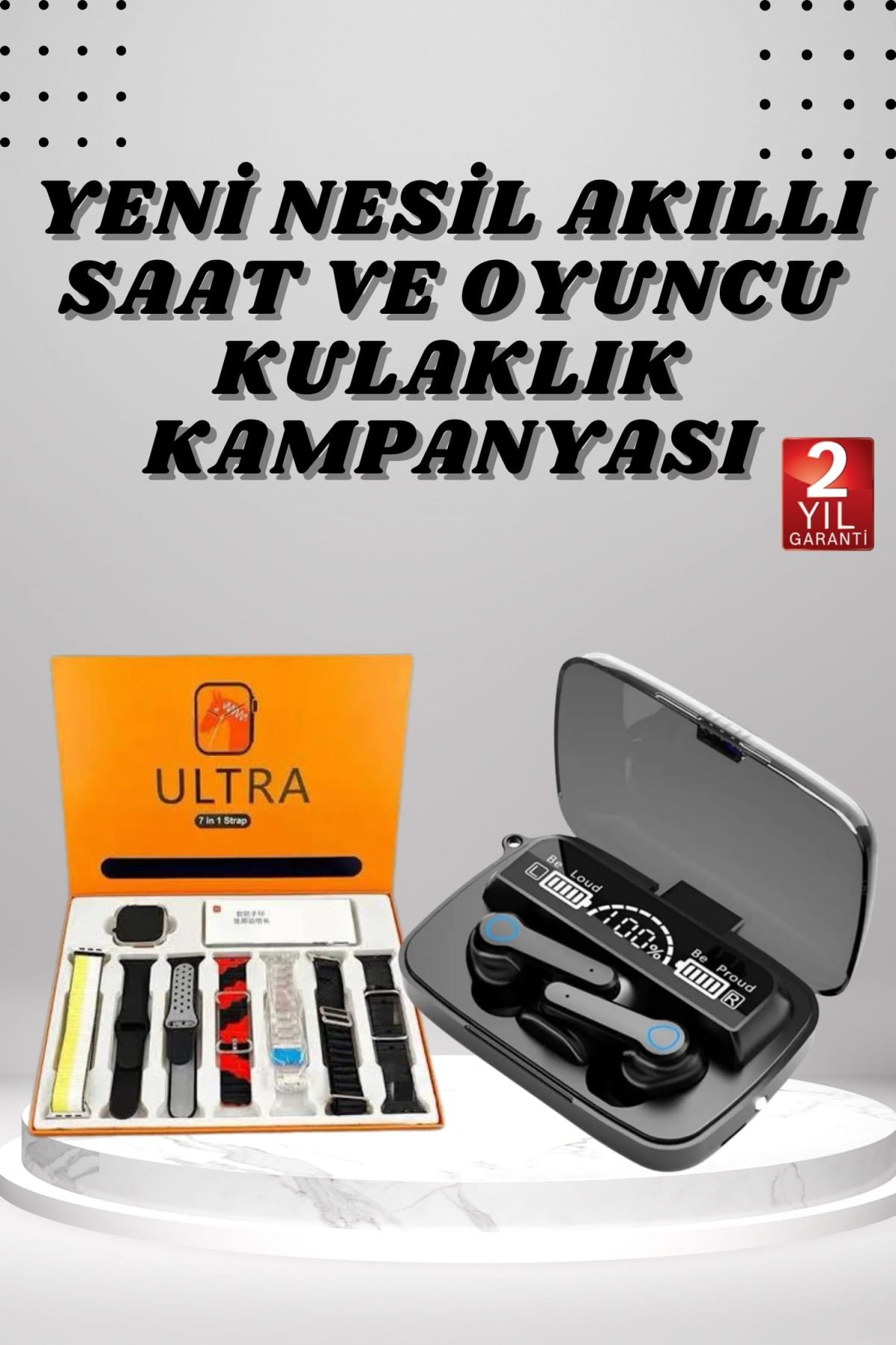 Dijital Göstergeli Powerbank Kulaklık ve 7 Kordonlu Yeni Nesil Akıllı Saat Amoled Ekran - Görsel 1