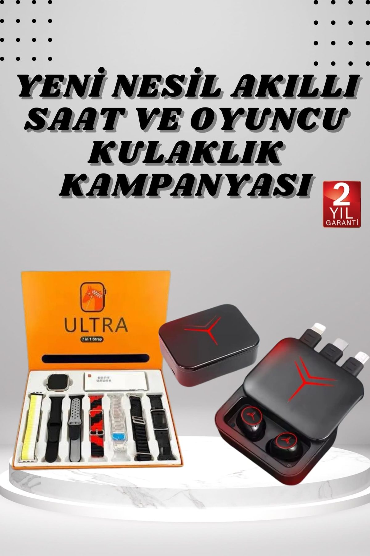 Dijital Göstergeli Powerbank Kablosuz Kulaklık ve 7 Kordonlu Yeni Nesil Akıllı Saat Dokunmatik Kontrol - Görsel 1