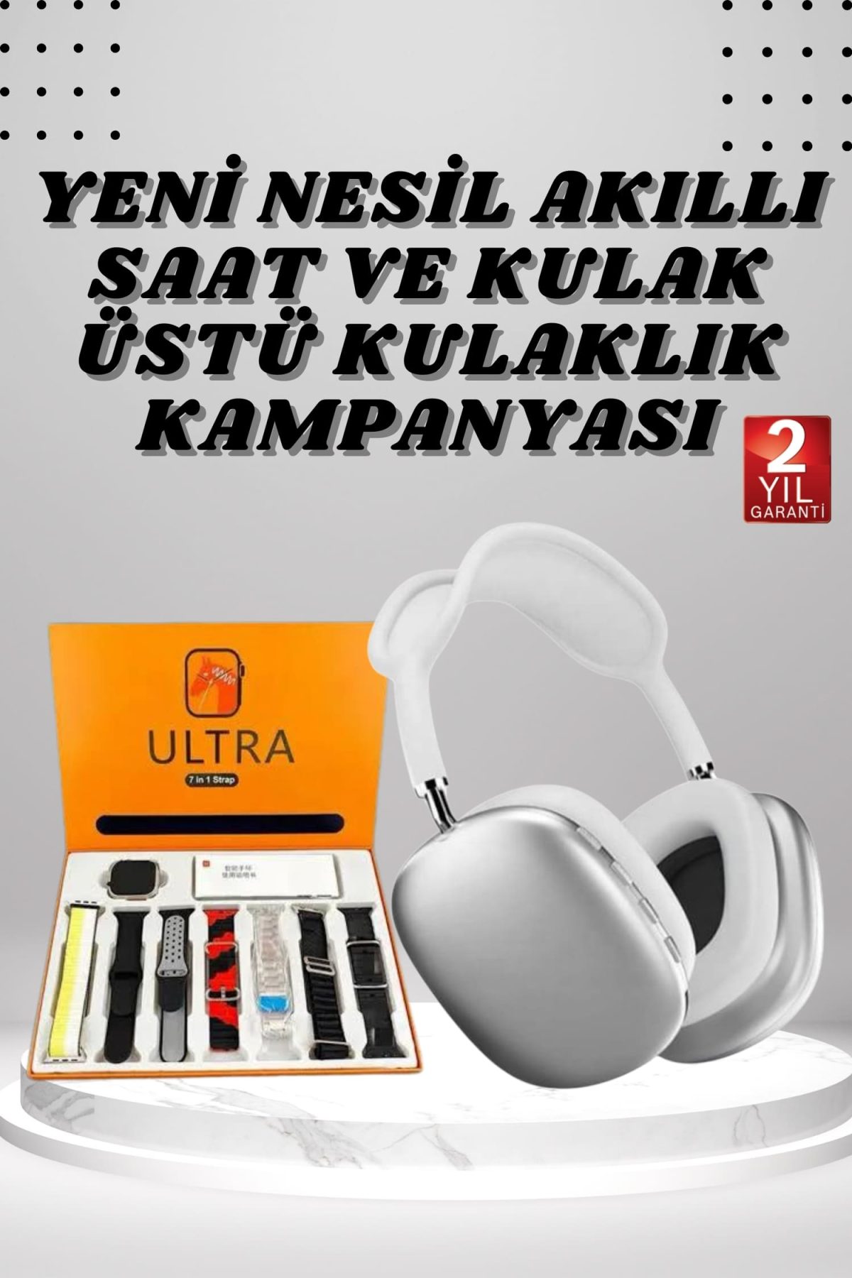 Kulak Üstü P9 Kablosuz Bluetooth Kulaklık ve 7 Kordonlu Akıllı Saat - Görsel 1