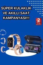 Kadınlar İçin 3 Kordonlu Akıllı Saat ve Dijital Göstergeli Powerbankli Bluetooth Kulaklık Dokunmatik Kontrol