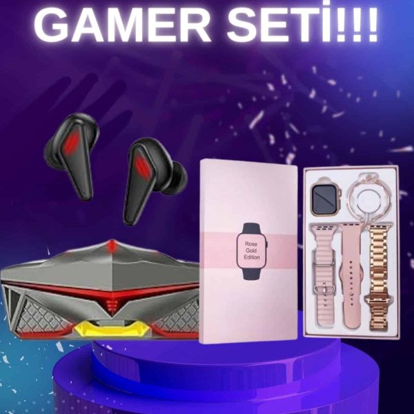 Yeni Nesil Pembe Dokunmatik Ekran Akıllı Saat ve Oyuncu Kulaklığı Kablosuz Bluetooth Kulaklık