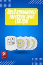 Yapışkanlı 3&apos;lü Spot Led Işık Lamba Montajsız Pilli Uzaktan Kumandalı