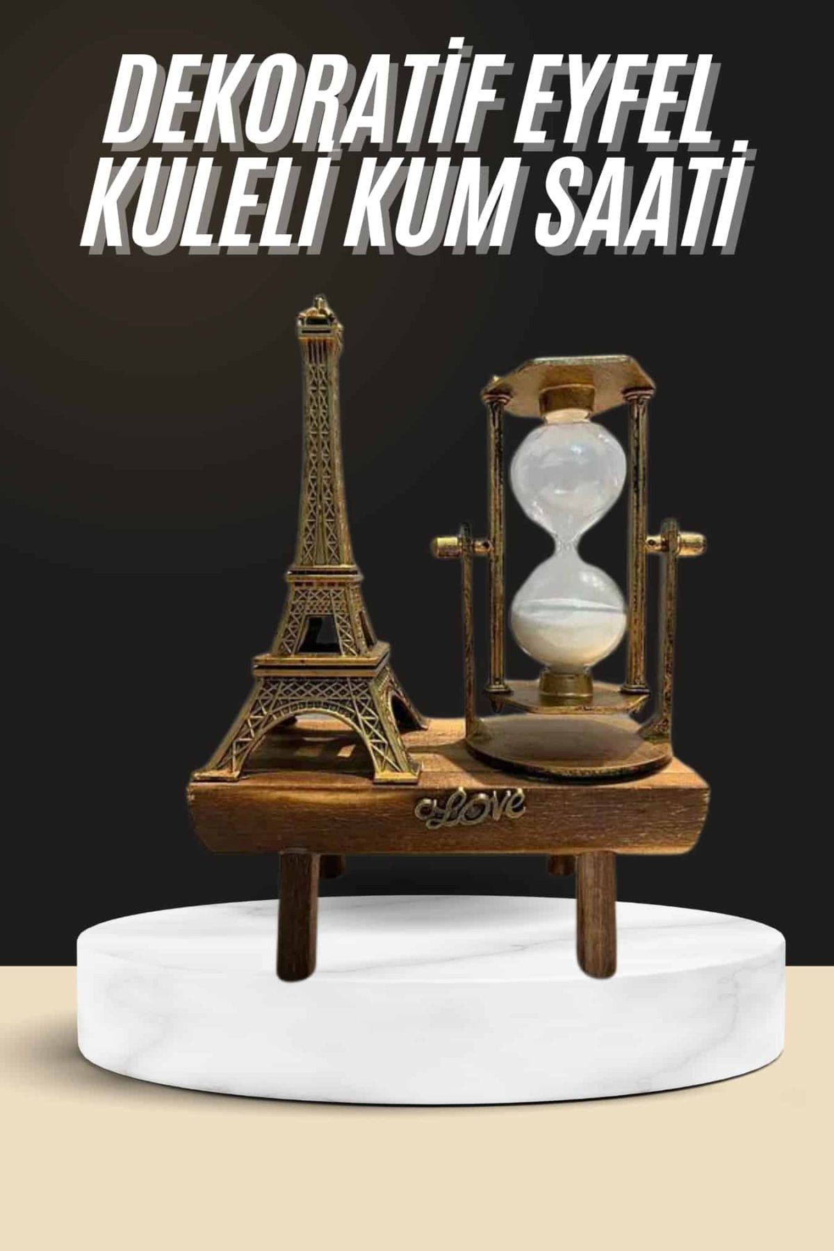 Retro Eyfel Kulesi Ve Kum Saati Dekoratif Ahşap Görünümlü Masa Biblosu - Görsel 1