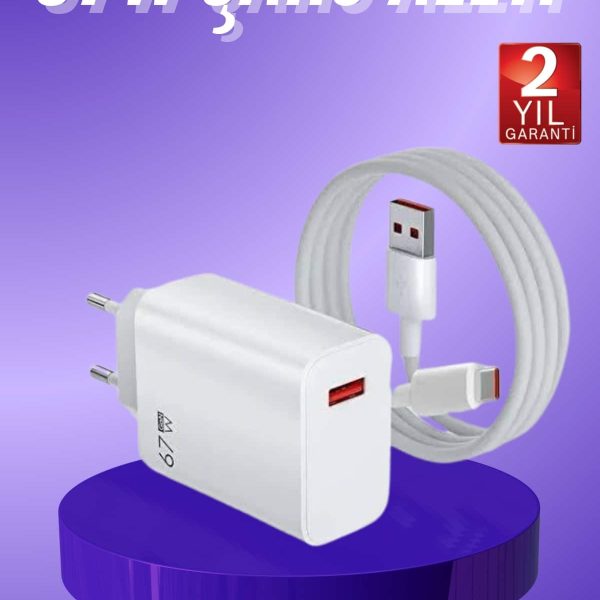 Beyaz Ultra Plus Hızlı Şarj Seti Şarj Adaptörü ve Kablosu 67W