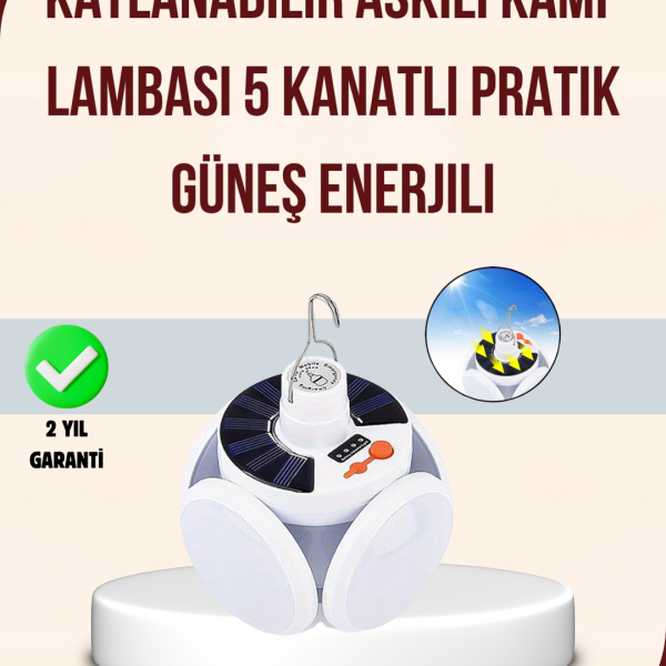 Güneş Paneliyle Şarj Olan Katlanabilir LED Çadır Lambası – 5 Kademeli Aydınlatma