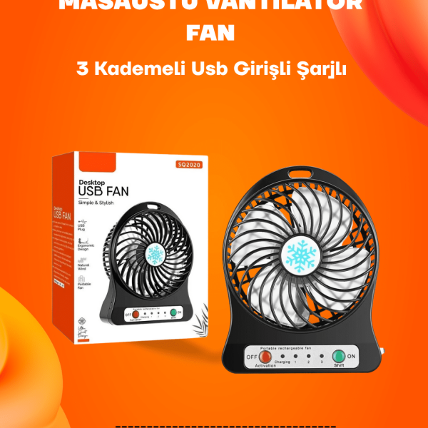 Mini Vantilatör Masaüstü – USB Girişli, Şarjlı, 3 Kademe, Sessiz Motor, Işıklı