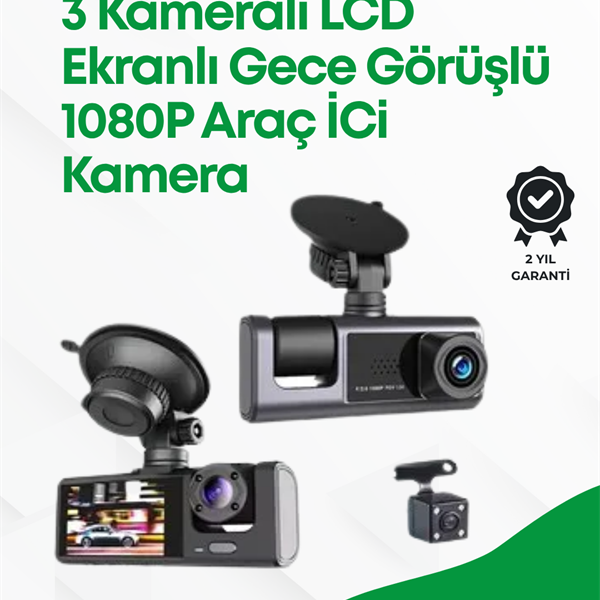 2.0” LCD Ekranlı, Döngüsel Kayıt Özellikli Üç Kameralı Oto Kamera