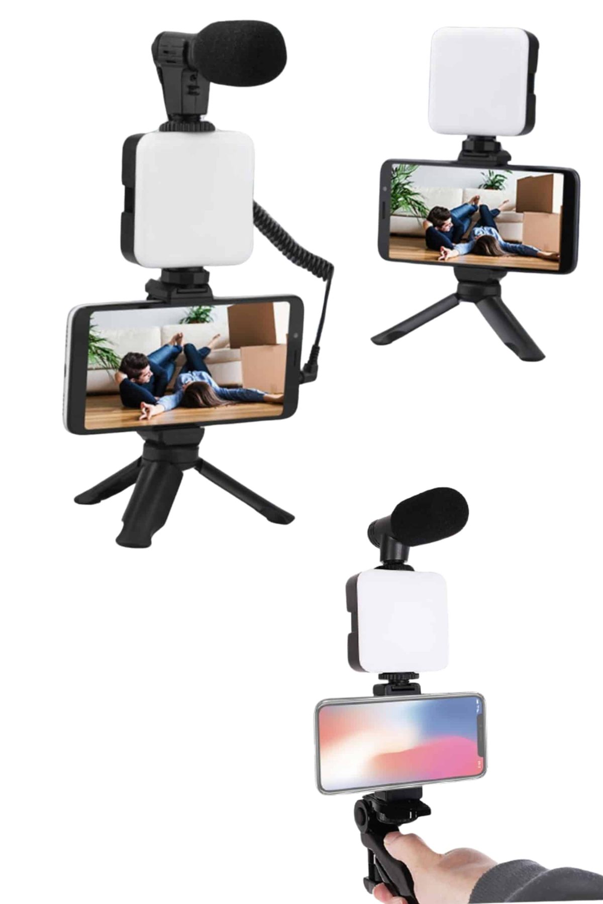 Akıllı Telefon Vlog Kiti Tripod Mini Mikrofonlu Telefon Tutucu - Görsel 4