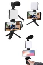 Akıllı Telefon Vlog Kiti Tripod Mini Mikrofonlu Telefon Tutucu - Görsel 4