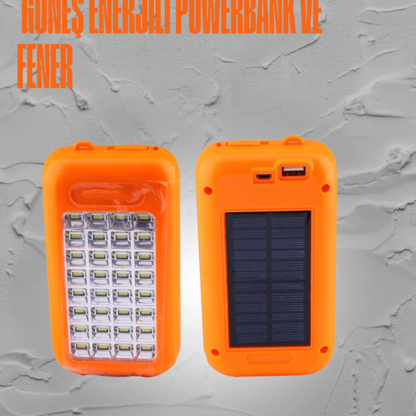 Güneş Enerjili LED Powerbank Işıldak – 10000 mAh, Su Geçirmez, 32 LED, Taşınabilir Tasarım