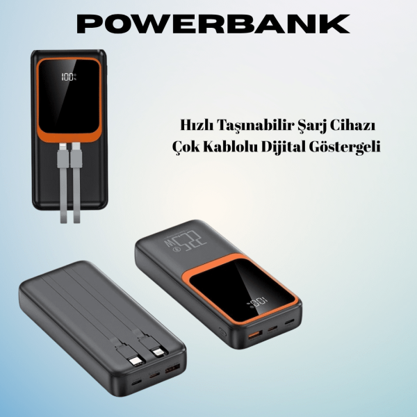 20000 mAh Powerbank | Çok Kablolu, Dijital Göstergeli, Yüksek Hızlı Şarj Cihazı