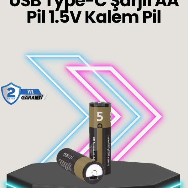 Yüksek Performanslı AA USB Şarjlı Lityum Pil | 1.5V Sabit Güç | 2’li Paket