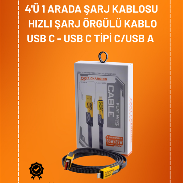 4&apos;ü 1 Arada USB Hızlı Şarj ve Veri Kablosu – 65W Güç, Çoklu Bağlantı, 1.2m