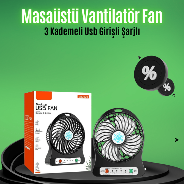 Mini USB Fan – Şarj Edilebilir, Işıklı, 3 Kademe, Taşınabilir Masaüstü Vantilatör