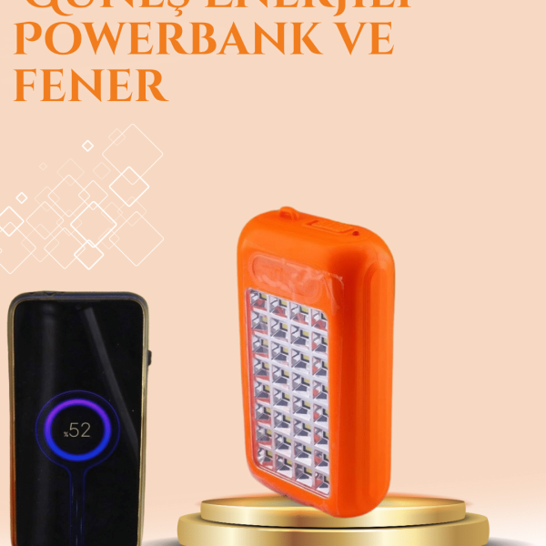 Gold Silver Güneş Enerjili Powerbank Işıldak – 10000 mAh, Taşınabilir, Suya Dayanıklı, 32 LED