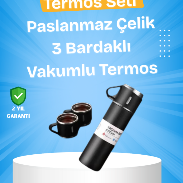 Isıyı Uzun Süre Koruyan 500 ml Termos Seti | Çelik Gövde, 2 Bardaklı, Hediye Kutulu