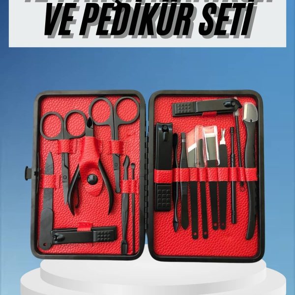 Deri Çantalı Siyah Paslanmaz Çelik 17 Parça Manikür Pedikür Seti