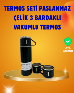 Paslanmaz Termos ve İkili Bardak Seti | 6-12 Saat Sıcak/Soğuk Tutma