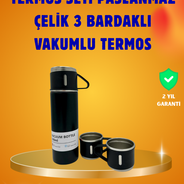 Paslanmaz Termos ve İkili Bardak Seti | 6-12 Saat Sıcak/Soğuk Tutma