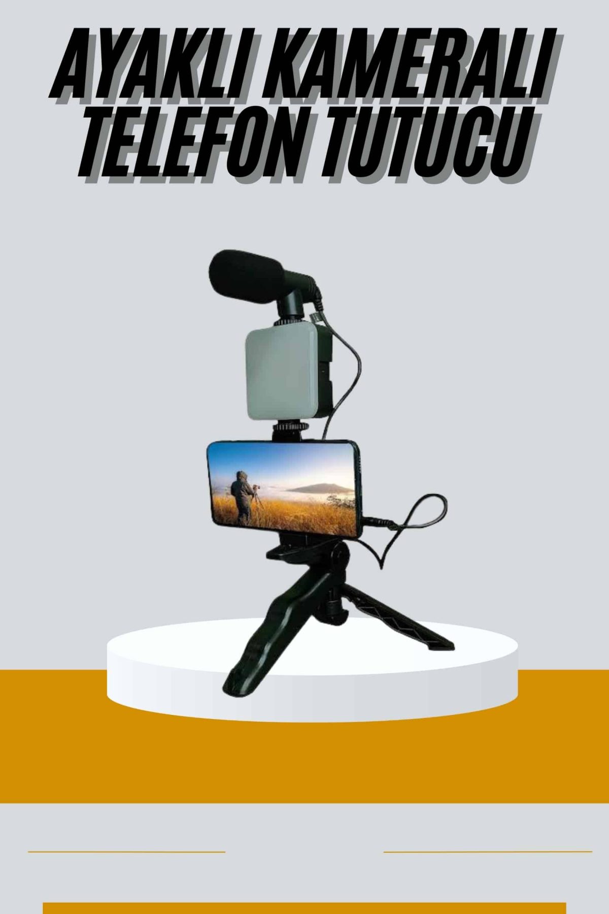 Tripod Telefon Tutucu Kumandalı Mikrofon Led Işık Vlog Video Kayıt - Görsel 1