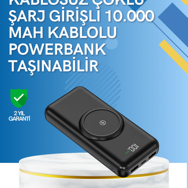 iPhone ve Android Uyumlu 10000mAh Powerbank – Hem Kablolu Hem Kablosuz