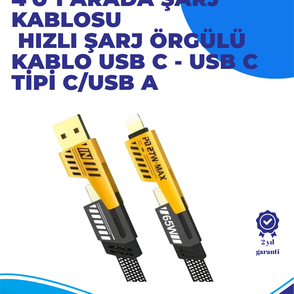 65W 4&apos;ü 1 Arada Çoklu Şarj Kablosu – USB-C, USB-A, Lightning, Veri ve Şarj Desteği