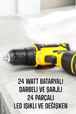 Çift Bataryalı Metal Dişli Darbeli Şarjlı Matkap Seti 24W Güç ve 24 Parça Aksesuar - Görsel 4