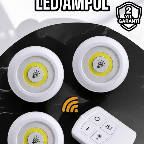 Spot Lamba Led Işık 3&apos;lü Uzaktan Kumandalı Pilli Yapışkanlı Kablosuz