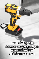 Metal Dişli 24W Akülü Matkap -Çift Bataryalı ve LED Çalışma Işığı ile Tam Set - Görsel 2