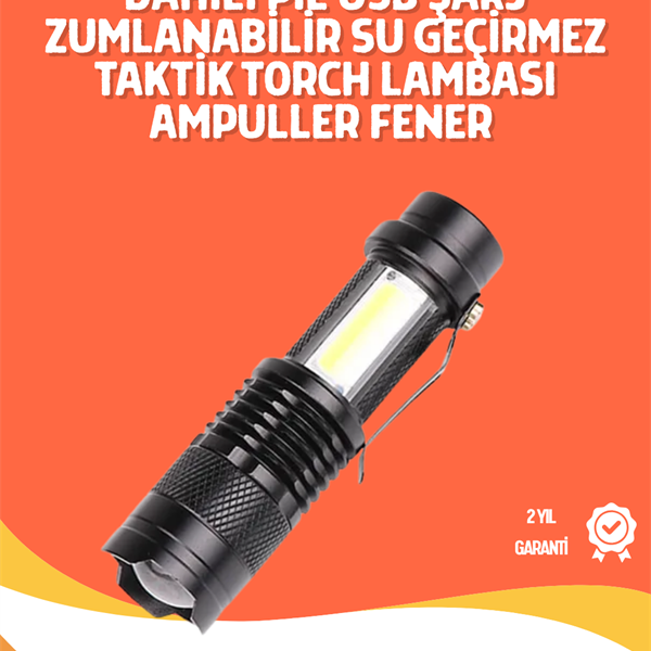 Şarjlı LED El Feneri - 14500 Pil Dahil, 4 Işık Modu, Mini Boy