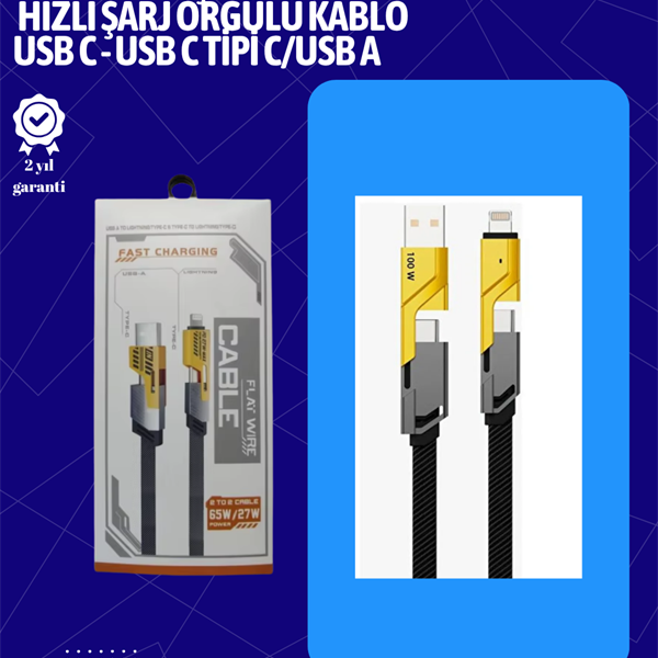 USB-C ve Lightning Uyumlu 4&apos;ü 1 Arada Kablo – 65W Hızlı Şarj, Örgülü Dayanıklı Yapı